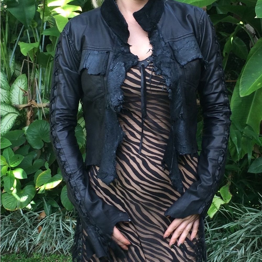 Gipsy Dharma Black Leather Bolero Jacket Lace Up Sleeves Goth Boho Festival S/M